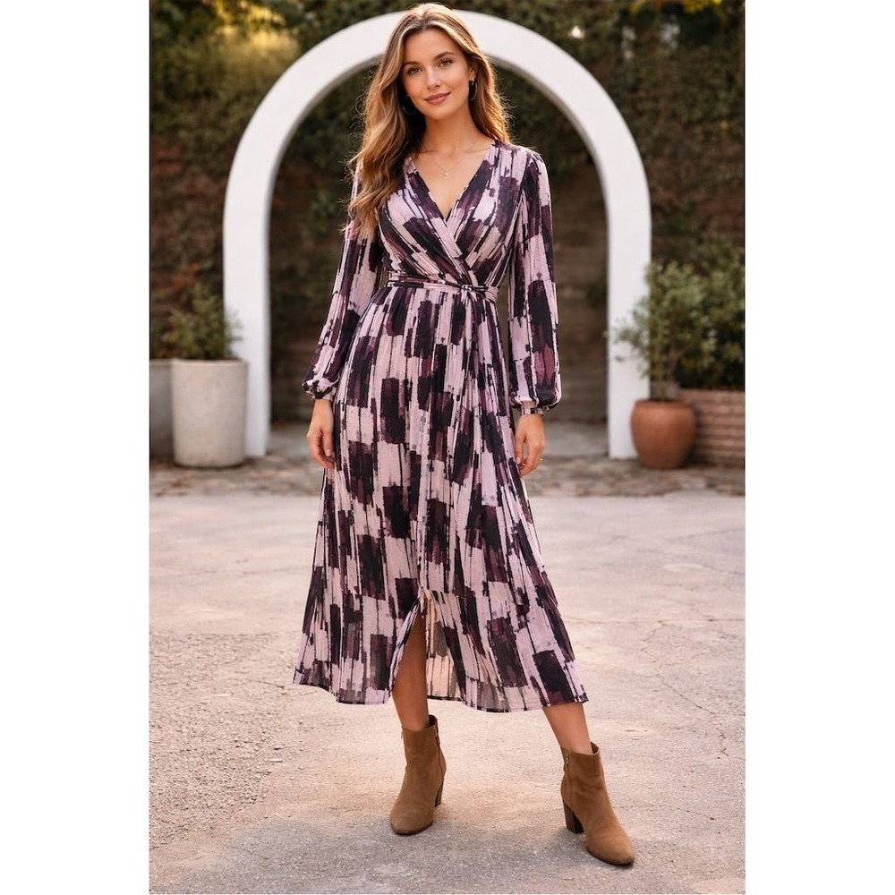 The Odells Mauve Abstract Print Wrap Midi Dress Long Sleeve V-Neck Size M NEW